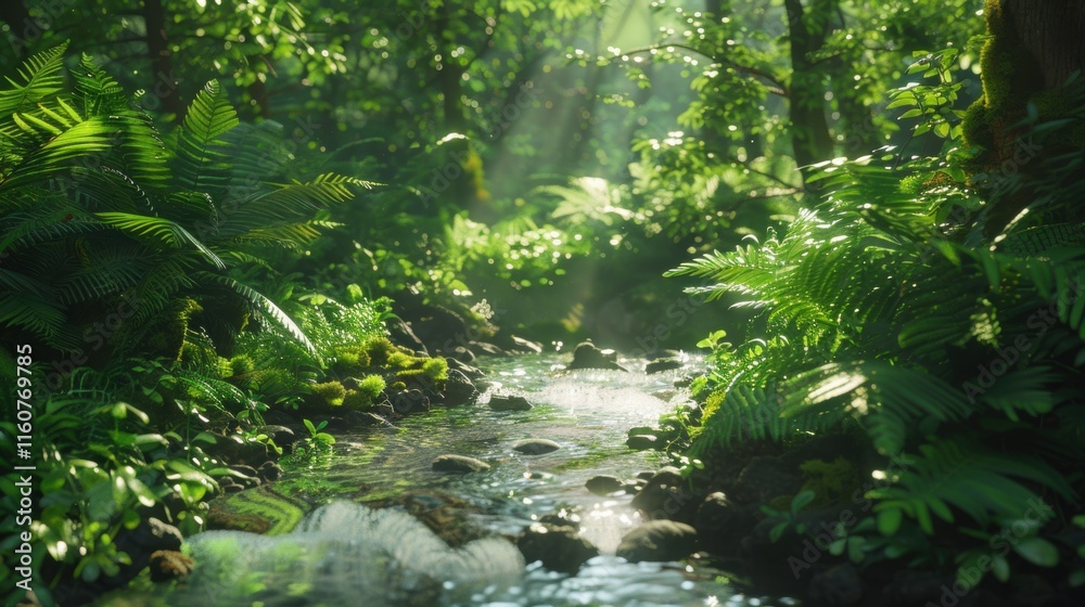 Serene jungle scene with a clear stream surrounded by dense greenery, sunlight streaming through the foliage, and a tranquil rainforest atmosphere. Serene jungle scene with a clear stream surrounded by dense greenery, sunlight streaming through the foliage, and a tranquil rainforest atmosphere.