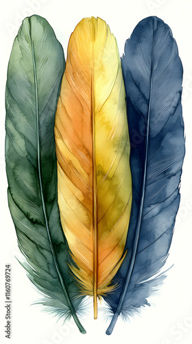 Elegant Watercolor Bird Feather Illustration: Trio of Green, Gold, and Blue Feathers photo