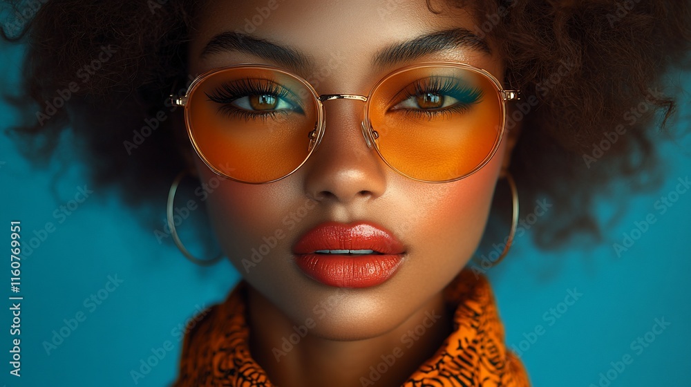 Obraz premium Stylish Woman with Orange Glasses and Curly Hair