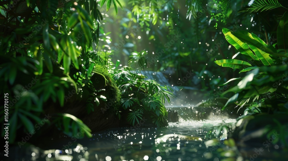 Naklejka premium Serene jungle scene with a clear stream surrounded by dense greenery, sunlight streaming through the foliage, and a tranquil rainforest atmosphere. 