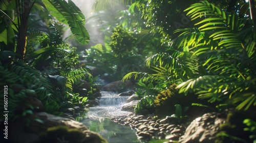 Serene jungle scene with a clear stream surrounded by dense greenery, sunlight streaming through the foliage, and a tranquil rainforest atmosphere.	