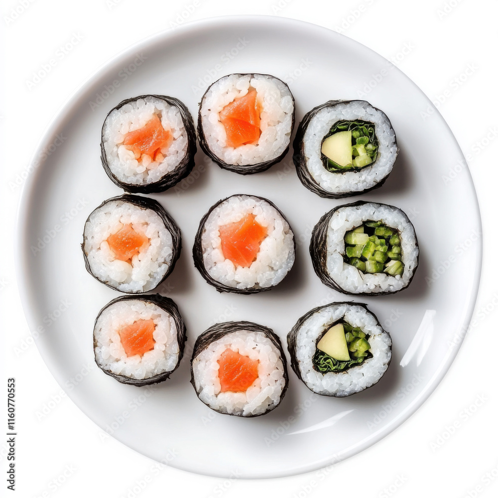 Nine pieces of sushi showcasing fresh ingredients on a white plate arranged in a neat order Nine pieces of sushi showcasing fresh ingredients on a white plate arranged in a neat order