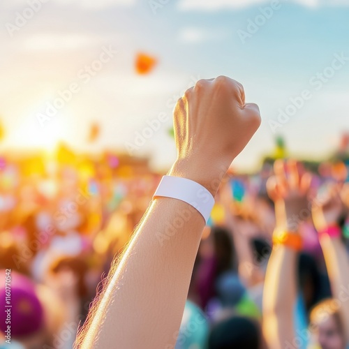 Blank paper wristband mockup. A raised fist in celebration against a vibrant crowd at sunset, symbolizing unity and joy at a festival or event.