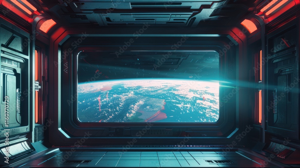 Obraz premium Futuristic spaceship interior with view of Earth from porthole.