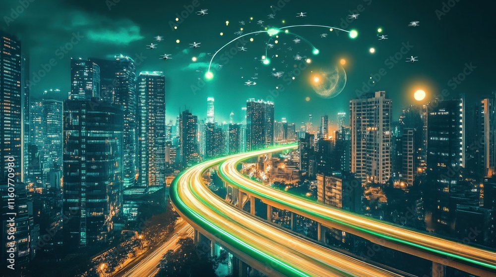 Fototapeta premium Smart city at night with futuristic highway and network.