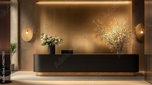 A sleek office reception area featuring a black desk, gold accents, and floral arrangements. 