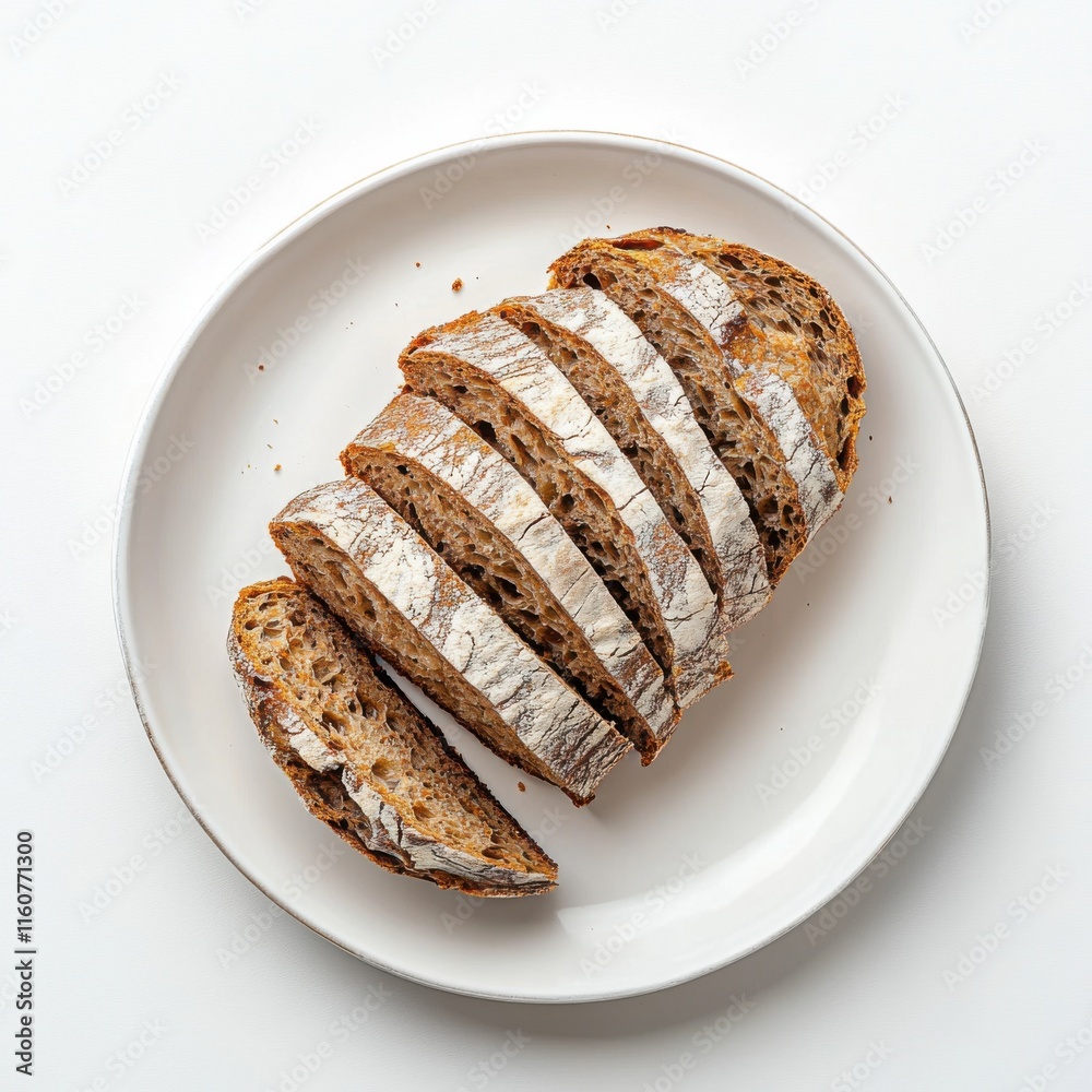 Freshly sliced artisan bread on a white plate ready for serving at a cozy kitchen Freshly sliced artisan bread on a white plate ready for serving at a cozy kitchen