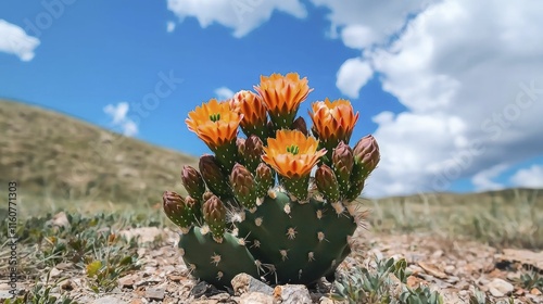 Majestic cactus standing tall in the arid desert landscape under the scorching sun with a clear blue sky in the background. photo