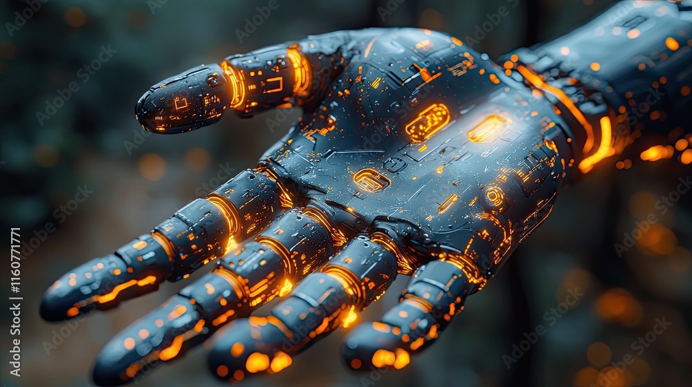 Fototapeta premium Android cyborg hand, engineering innovation for AI technology, science, futuristic bokeh background, blue machine, modern robotics wallpaper design