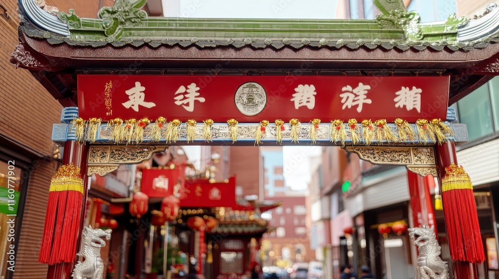 A vibrant red archway adorned with traditional Chinese decorations, inviting visitors to explore the bustling street beyond. A vibrant red archway adorned with traditional Chinese decorations, inviting visitors to explore the bustling street beyond.