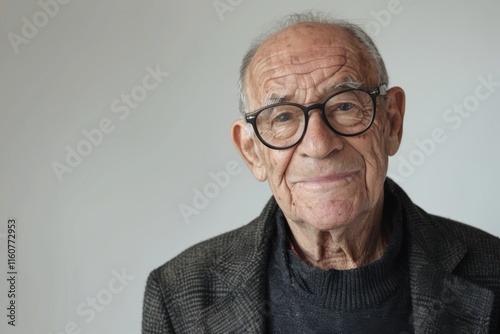 A stylish elderly man with rectangular glasses, his cheerful expression and gentle demeanor standing out against a plain white backdrop