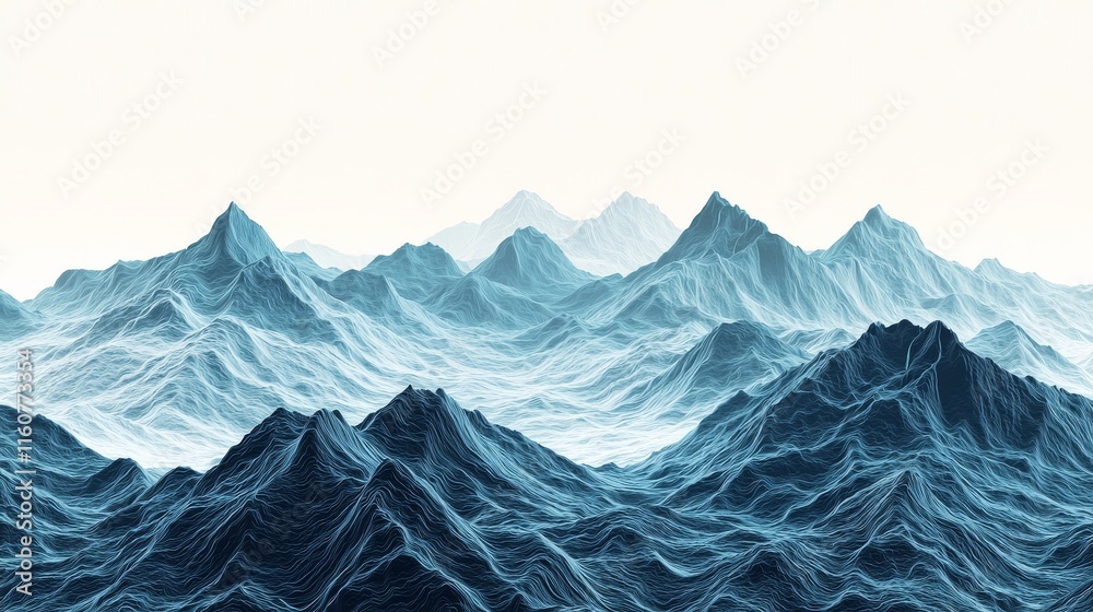 Fototapeta premium A serene landscape of majestic mountains with textured peaks, depicted in calming shades of blue against a light background.