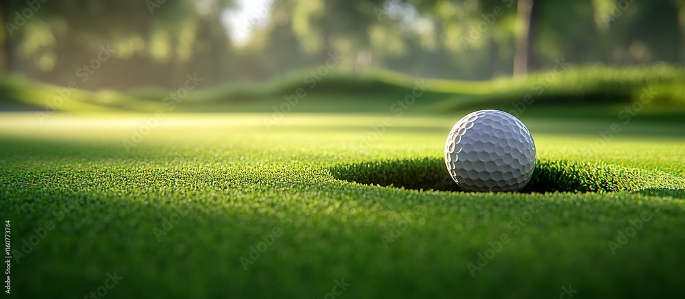 Golf Ball on Green, Sunlit Fairway, Hole in One Golf Ball on Green, Sunlit Fairway, Hole in One