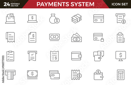 Set of outline Digital Payments Icon Set. Sleek and modern icons for e-commerce, online transactions, and fintech apps, designed to enhance user interfaces and streamline payment processes.