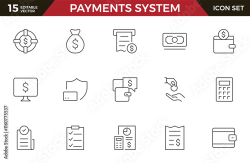 Set of outline Digital Payments Icon Set. Sleek and modern icons for e-commerce, online transactions, and fintech apps, designed to enhance user interfaces and streamline payment processes.