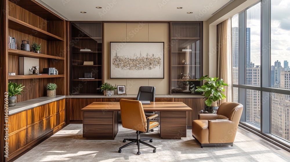 Fototapeta premium A modern office space with a large desk and two chairs.