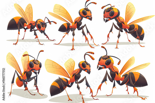 Series of six insects, all of which are yellow and black, are shown in various poses. The insects appear to be fighting or engaging in some sort of activity photo