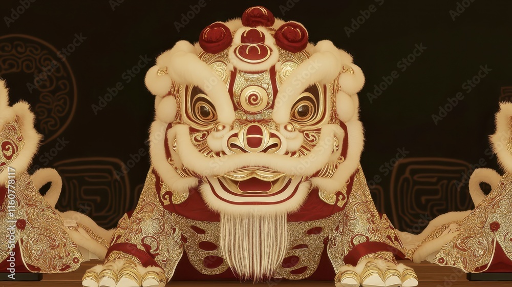 Fototapeta premium A decorative lion statue with intricate designs, symbolizing strength and protection, often seen in cultural celebrations and festivals.