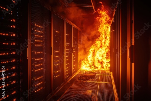 Fiery inferno engulfing server racks in data center. Illustrates data loss, server room fire risk, and IT disaster.
