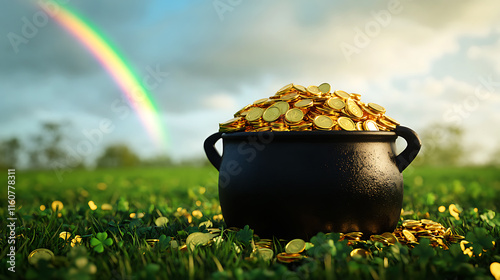 A Pot of Gold at the End of the Rainbow, A black cauldron overflowing with golden coins sits amidst lush green grass, with a vibrant rainbow in the soft background. photo