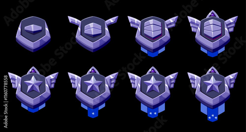 Rank silvered emblem set. Patent, star and wings. Silver metal 3d effect. Perfect for game progress level.