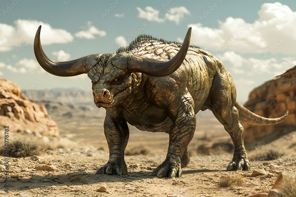 Fototapeta premium Scene of a powerful bull with massive horns made from a combination of a lizard and a bull