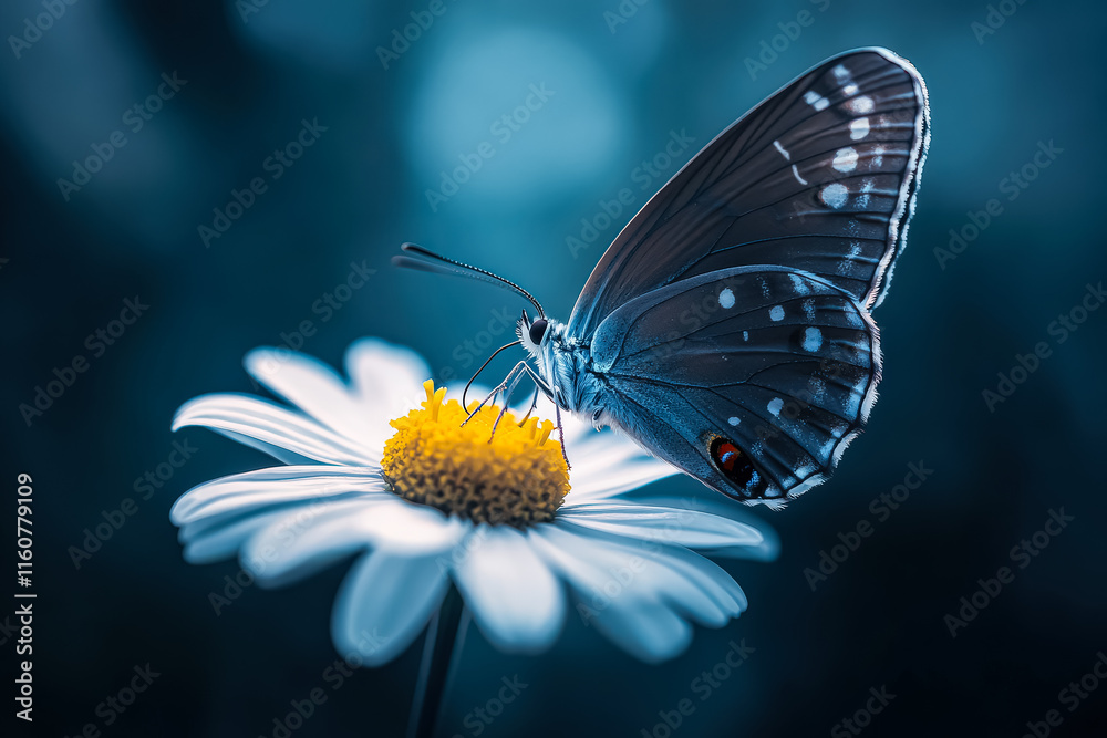 Butterfly is sitting on a white flower. The butterfly is blue and black with white spots. The image has a peaceful and calming mood Butterfly is sitting on a white flower. The butterfly is blue and black with white spots. The image has a peaceful and calming mood
