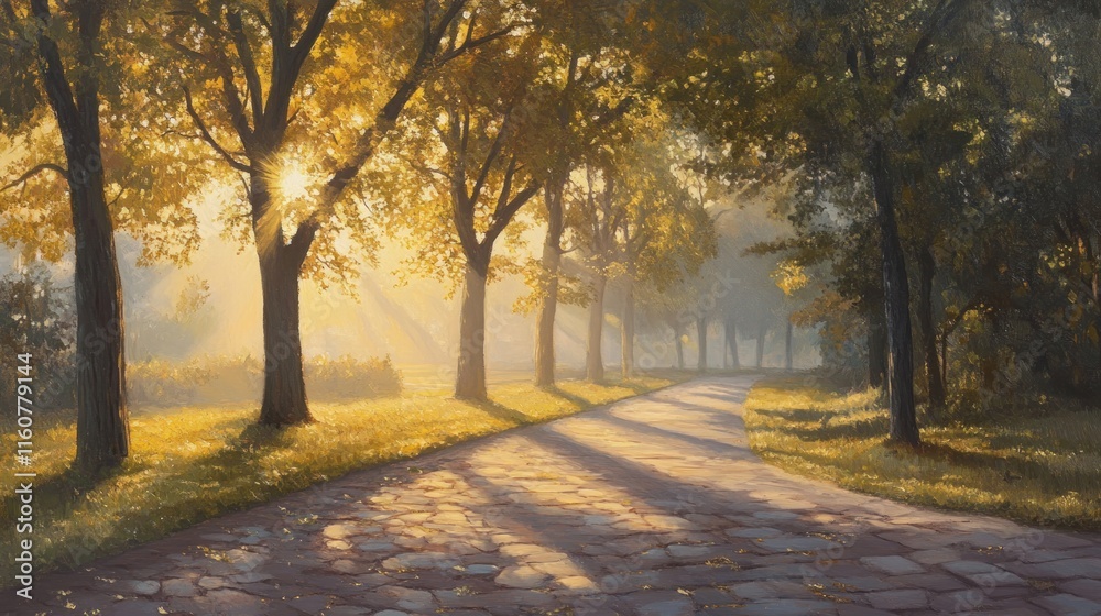 Sunlit path through trees at dawn, misty morning. Sunlit path through trees at dawn, misty morning.