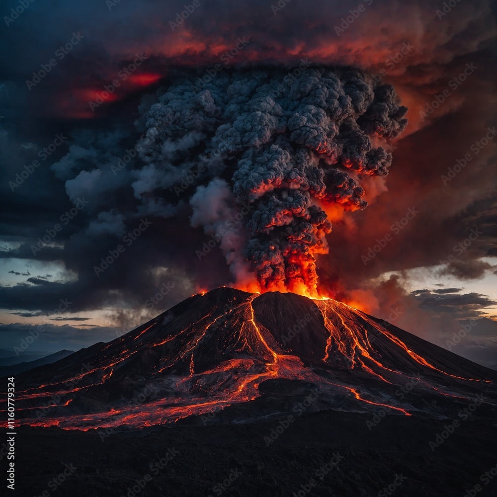 Fototapeta premium A breathtaking view of an active volcano under a twilight sky, glowing with fiery intensity.