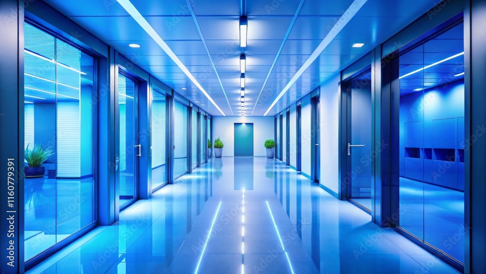 Fototapeta premium Office Corridor Blue Design, Eye-Level View, Corporate Interior, Generative Background