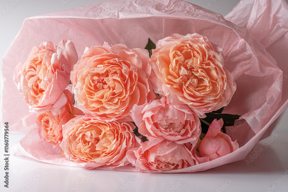 Close-up bouquet of airy roses on a white table.