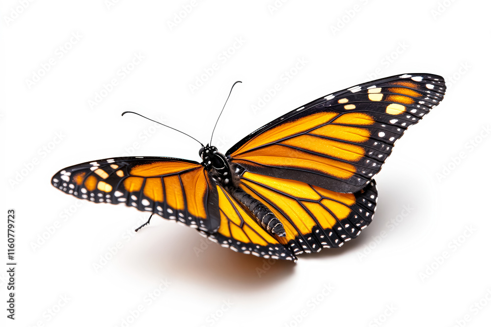 Obraz premium Butterfly with orange wings is sitting on a white background. The butterfly is the main focus of the image, and its bright colors create a sense of beauty and freedom