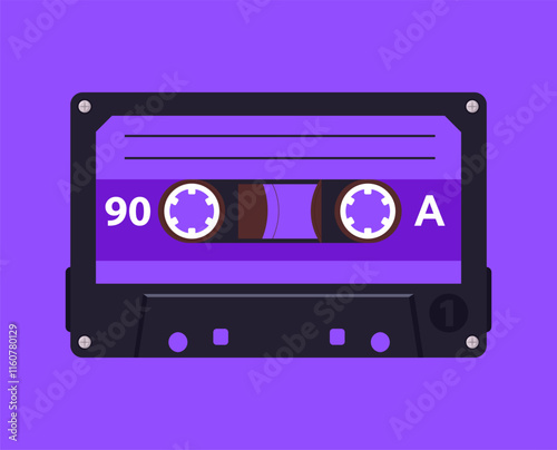 Audio cassette poster. Cartoon retro music tape backdrop, pop music album tape design flat vector illustration. Old school music audio tape background