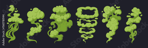 Bad smell clouds. Toxic green dust clouds, smoking stink, cooking smell or toxic fumes flat vector illustration set. Cartoon rotten smell clouds