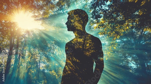 Man and Nature: A double exposure image of a man silhouetted against a vibrant forest, bathed in sunlight, symbolizing the connection between humanity and the natural world.   photo