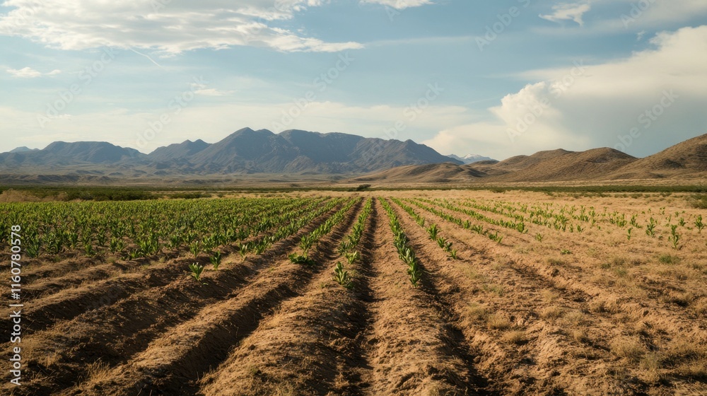 Arid Land Agriculture: Rows of Crops in a Desert Landscape Arid Land Agriculture: Rows of Crops in a Desert Landscape