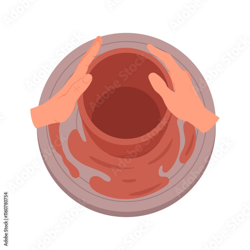 Cartoon pottery workshop process. Ceramist making pot, ceramic studio potter modeling clay vase flat vector illustration. Potter hands crafting vase on pottery wheel