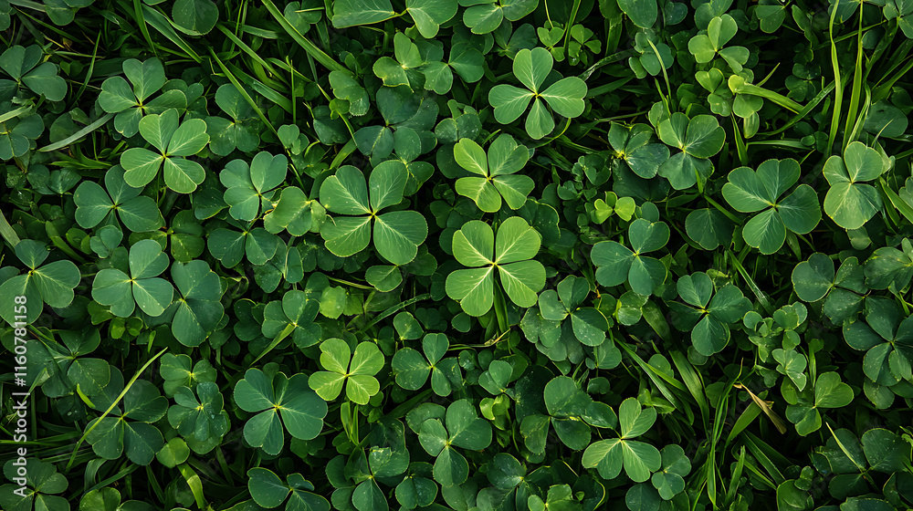 Close-up of vibrant clover leaves on green grass., A high-angle, close-up view of a multitude of clover leaves, primarily four-leaf clovers, nestled within a bed of green grass.