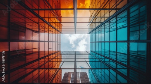 Modern Glass Building  Teal and Orange Reflections  Cityscape View