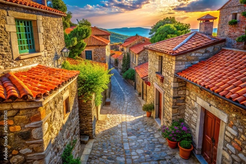 Prespes Lake Greece: Bird's Eye View of Empty Cobblestone Alleyway -  Ancient Stone Houses, Red Tile Roofs photo