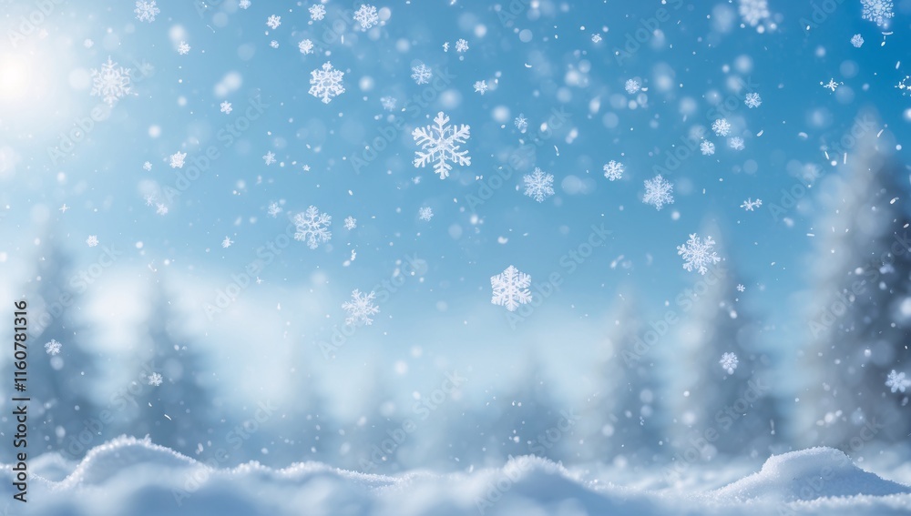 Naklejka premium Whispers of winter in a delicate snow-laden landscape, where gentle flakes drift gracefully under a serene blue sky, creating a magical atmosphere in nature's embrace