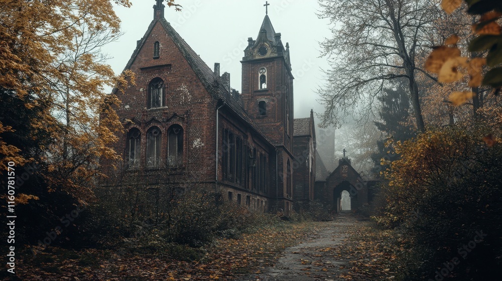 Autumnal Fog Envelops Ruined Brick Church - Gothic Architecture Autumnal Fog Envelops Ruined Brick Church - Gothic Architecture