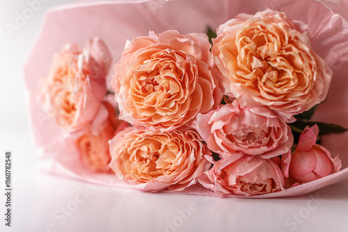 Obraz na płótnie Close-up bouquet of airy roses on a white table. w salonie