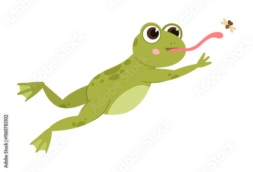 Jumping frog. Cartoon green frog hunting an insect, wildlife water froglet animal flat vector illustration. Cute funny amphibian