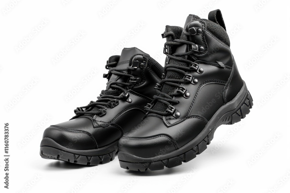 Durable black hiking boots with a sleek design, showcasing reinforced materials and thick treaded soles, cleanly isolated on a white background Durable black hiking boots with a sleek design, showcasing reinforced materials and thick treaded soles, cleanly isolated on a white background