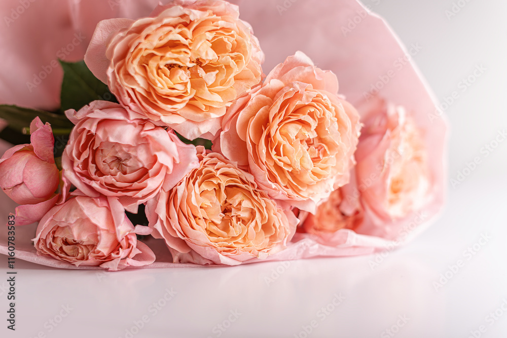 Close-up bouquet of airy roses on a white table.