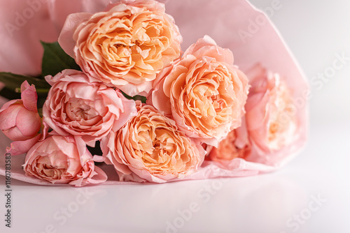 Obraz na płótnie Close-up bouquet of airy roses on a white table. w salonie