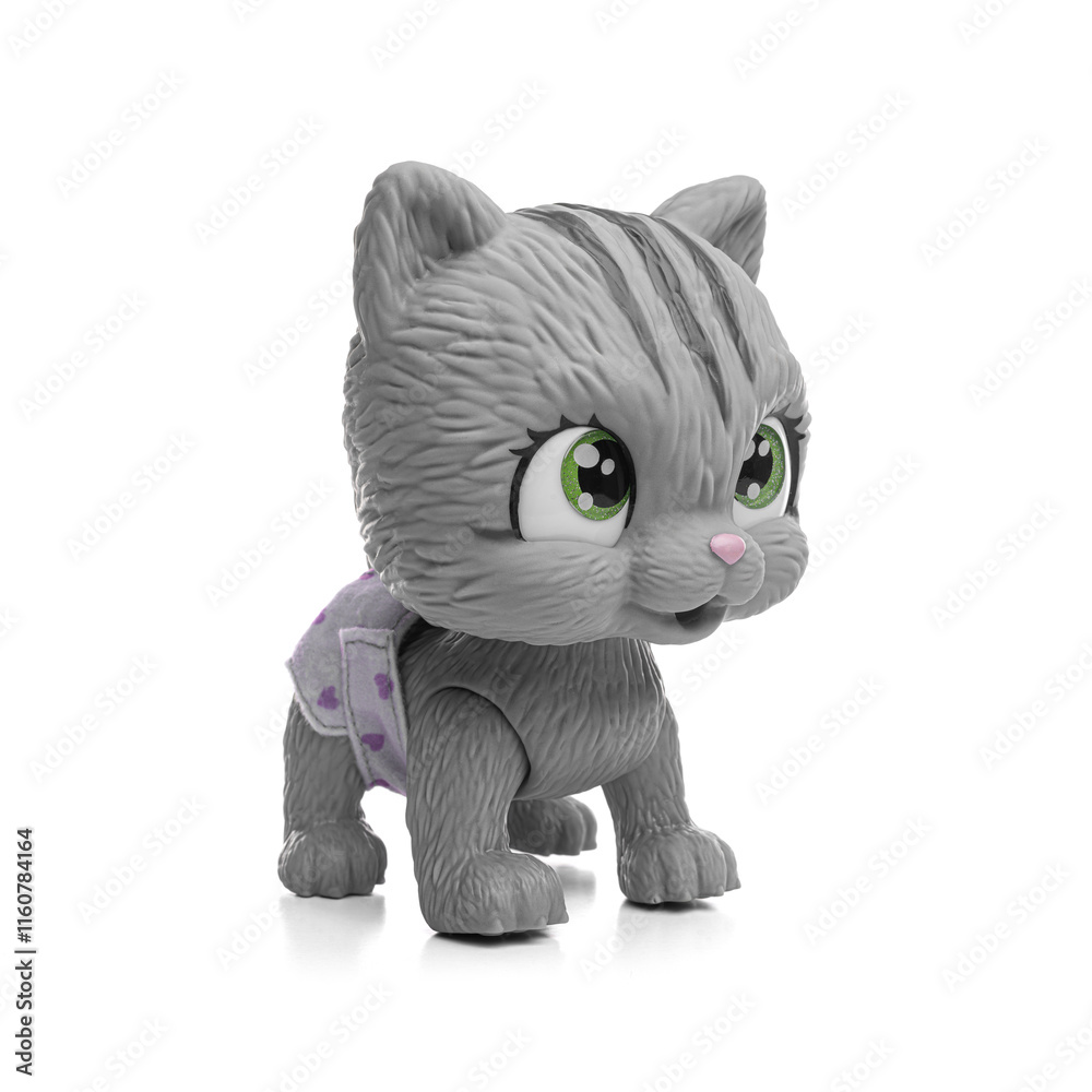Toy gray kitten isolated on white background.