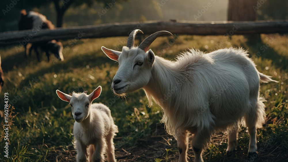Obraz premium Young Horned Goat in a Meadow, a Perfect Portrait of Rural Livestock