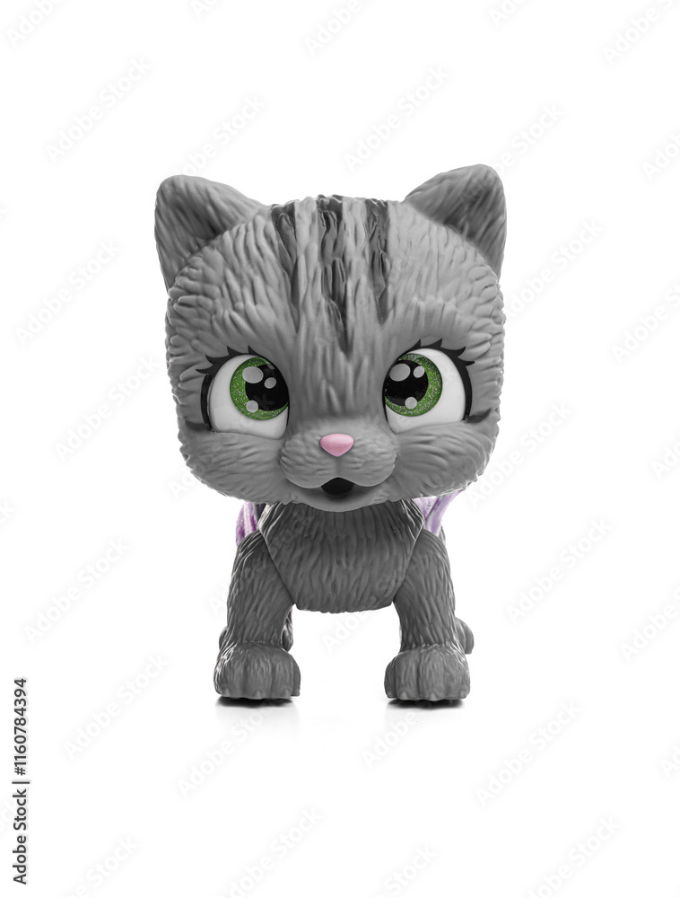 Toy gray kitten isolated on white background.